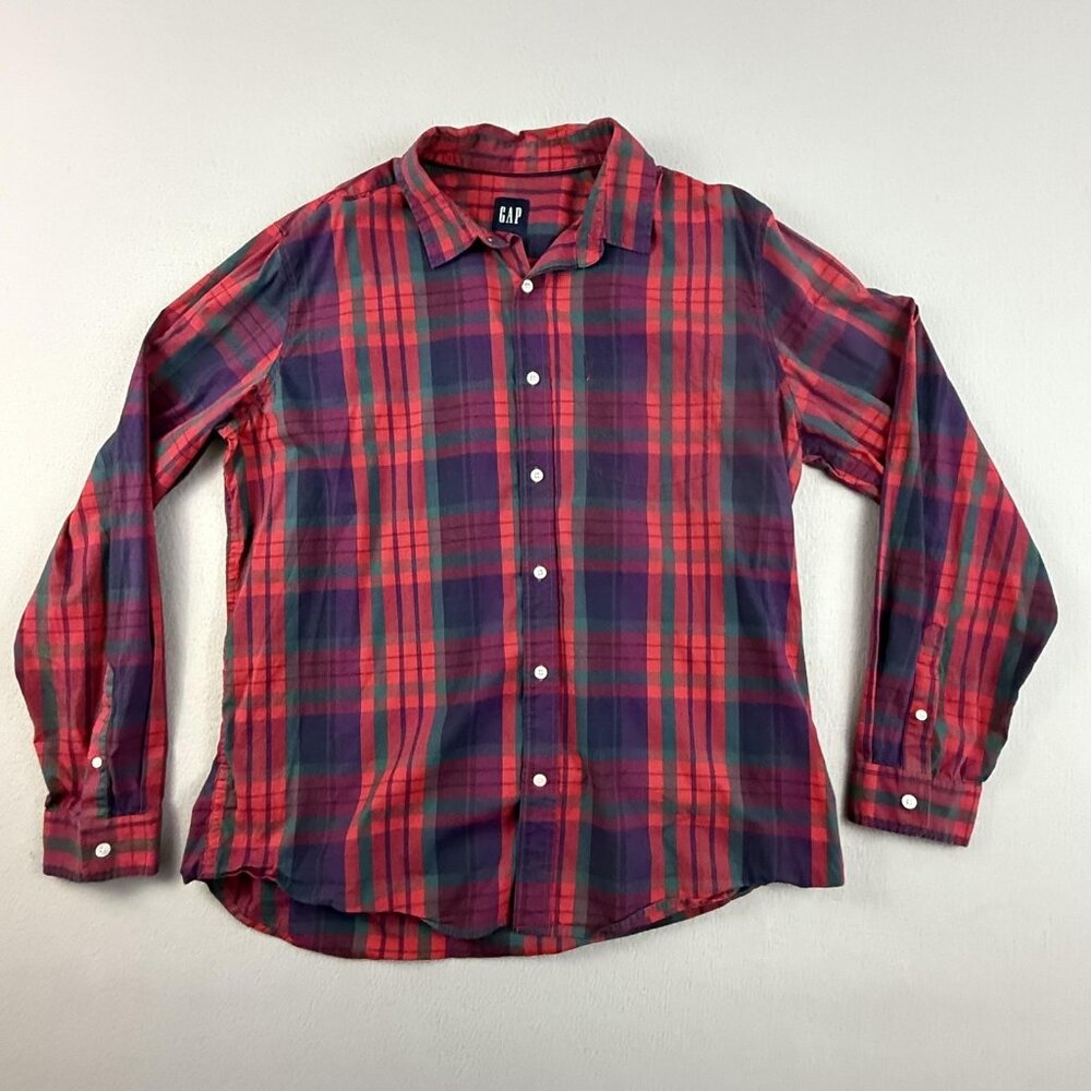 Gap Shirt Mens XL Red Blue‎ Plaid Long Sleeve Stretch Button Up Cotton Spandex